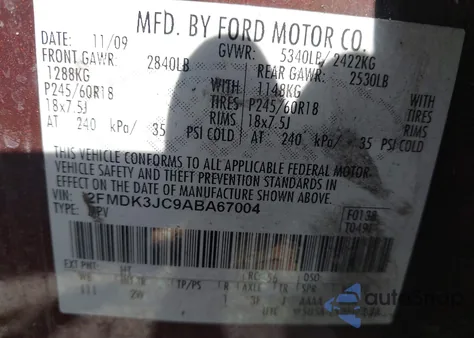 2010 Ford Edge Sel из США, поврежденный, VIN 2FMDK3JC9ABA67004